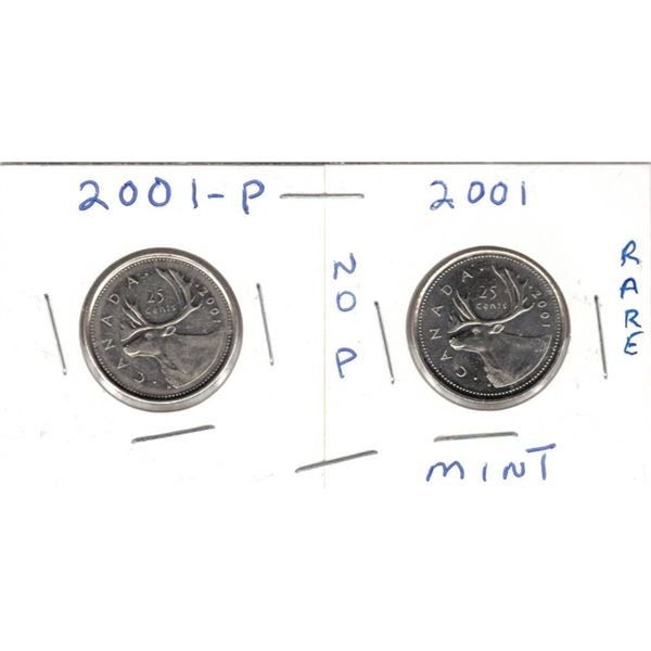 2001 Canadian Quarters 2001-P And 2001 NO P MINT-RARE