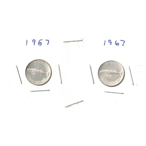 1967  TWO Canadian Centennial Dimes, FISH