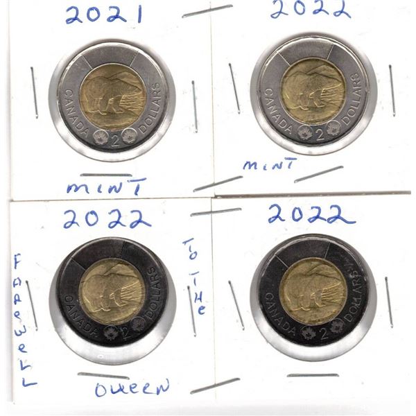 FOUR Toonies,  2021, 2022, and two farewell 2022 uncirculated