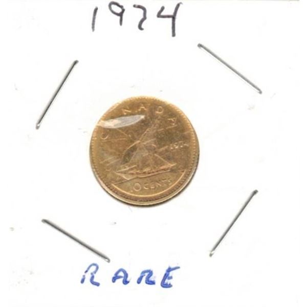 Gold Plated 1974 Canadian Dime, Rare, 0.97Kt Gold