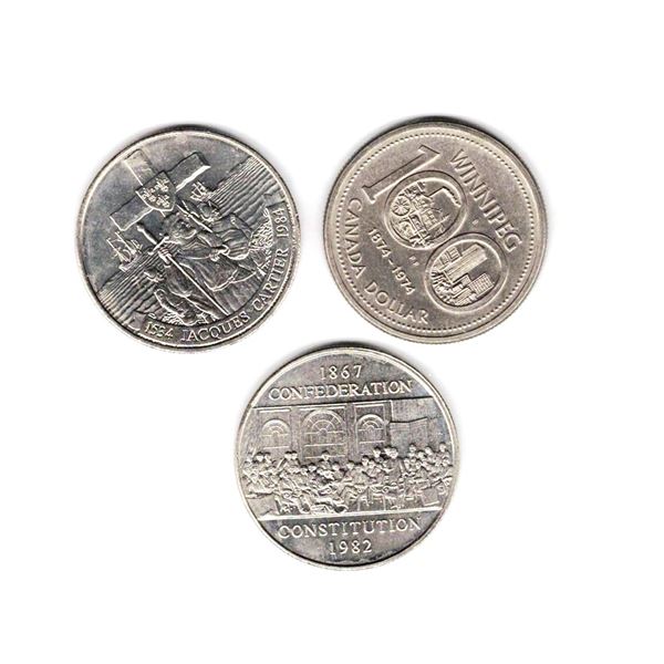 Three Canadian Dollar Coins, 1974 Winnipeg, 1982 Confederation and 1984 Jaques Cartier