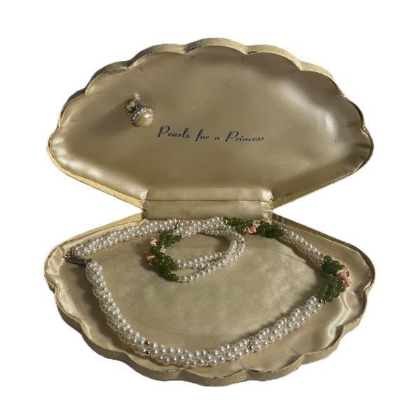 Vintage Mother Of pearl, Jade, Pink Coral Necklace 21” Long. Twist Clasp