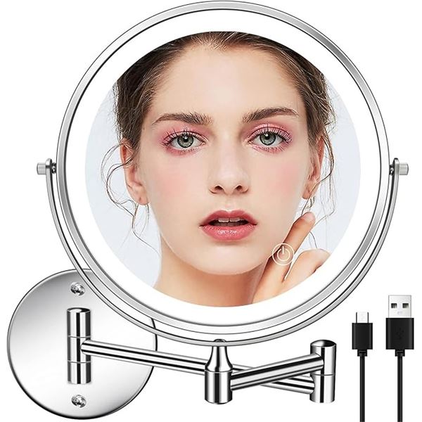 1 Rechargeable 8" LED Lighted Wall Mounted Makeup Mirror; Dual Sided w/ 1X/10X Magnification - NEW