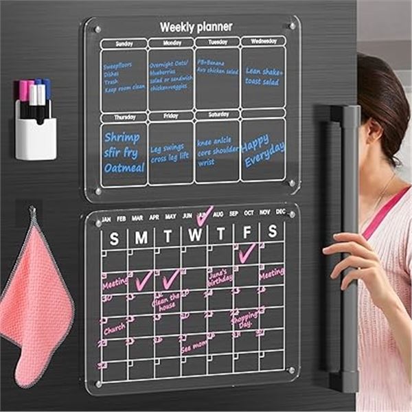 2-Pack of Acrylic Magnetic Fridge Organizer Planning Boards - Weekly Planner Boards (16" x 12)