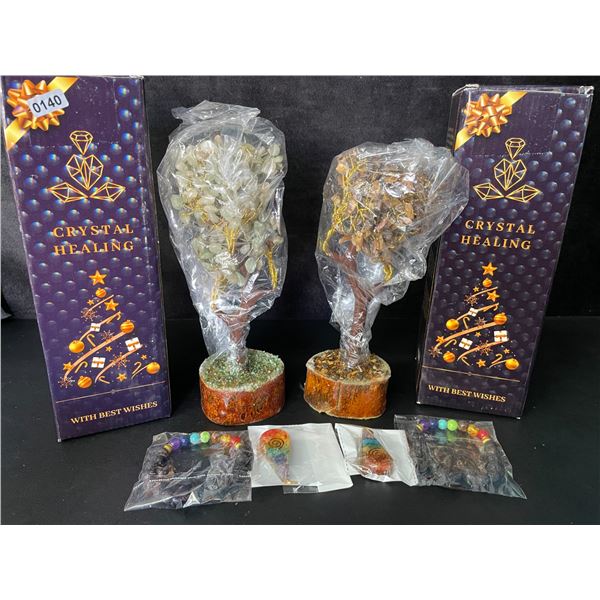2 Crystal Healing Tiger Eye & Green Jade Tree of Life/Crystal Feng Shui Bonsai Decor Trees - New