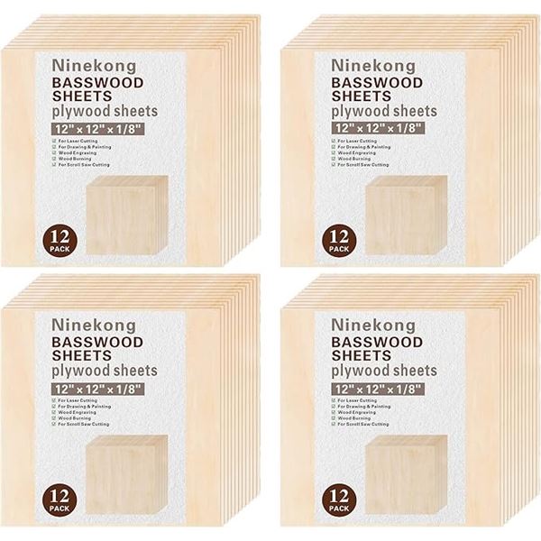 48-Pack Basswood/Plywood Sheets (12" x 12") Thin Plywood Sheets for Laser Cutting/Arts/Crafts - NEW