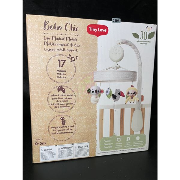 1 Boho Chic Luxe Musical Baby Mobile; 17 Melodies - White & Nature Sounds - For Babies 0-5m - New