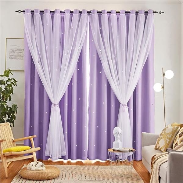 Pack of 2 Double-Layer Star Curtains/Blackout Curtains (2 Panels) 52"W x 96" L - Purple - Brand New!