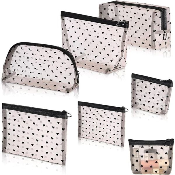 6PC Zipper Mesh Heart Design Cosmetic Storage Bags Set/Makeup Bag Set - Brand New