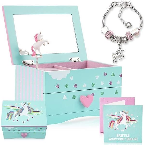 1 Unicorn Musical Jewelry Box for Girls with Unicorn Charm Bracelet (Gift Set) - Brand New