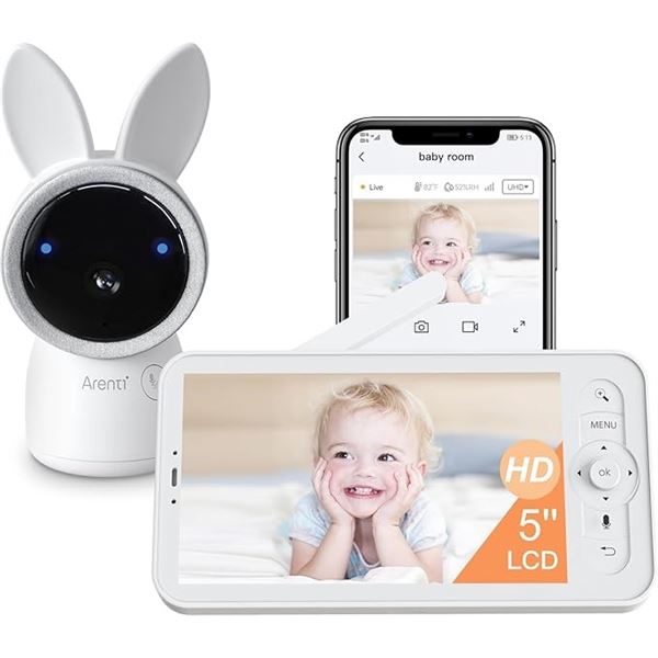 1 Arenti 2K Smart WiFi Baby Monitor Kit w/ 5" Display, Night Vision, Two-Way Audio - New (Dmg Box)