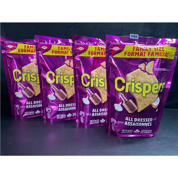 4 Bags of Crispers Baked Snacks; Family Size Bags - All Dressed - 240g Each - BB: JL 27/2025