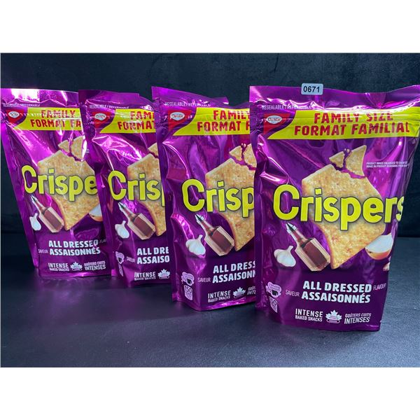 4 Bags of Crispers Baked Snacks; Family Size Bags - All Dressed - 240g Each - BB: JL 27/2025