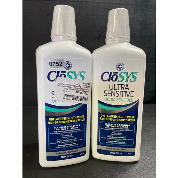 2 Bottles of CloSys Ultra-Sensitive Unflavoured Mouth Wash; Cleanses & Soothes - 946ml - New