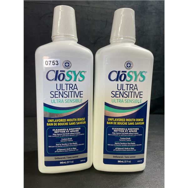 2 Bottles of CloSys Ultra-Sensitive Unflavoured Mouth Wash; Cleanses & Soothes - 946ml - New