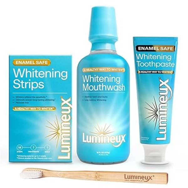 1 Lumineux Teeth Whitening Kit - 4PC Kit (Whitening Strips, Mouthwash, Toothpaste/Toothbrush) - NEW