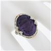 Image 3 : Antique Art Deco 14k Gold Oval Carved Amethyst Filigree Floral Ring w/ Bow Sides