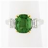 Image 2 : NEW Platinum & 14k Gold 4.39 ctw GIA Cushion Tsavorite & Emerald Cut Diamond Rin