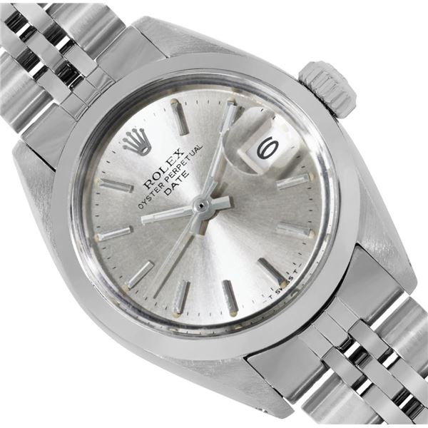 Rolex Ladies Stainless Steel Silver Index Smooth Bezel Date Wristwatch With Role