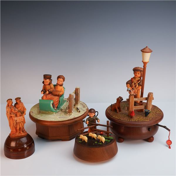 4pc Anri Wood Music Boxes + Religious Figural Music Box