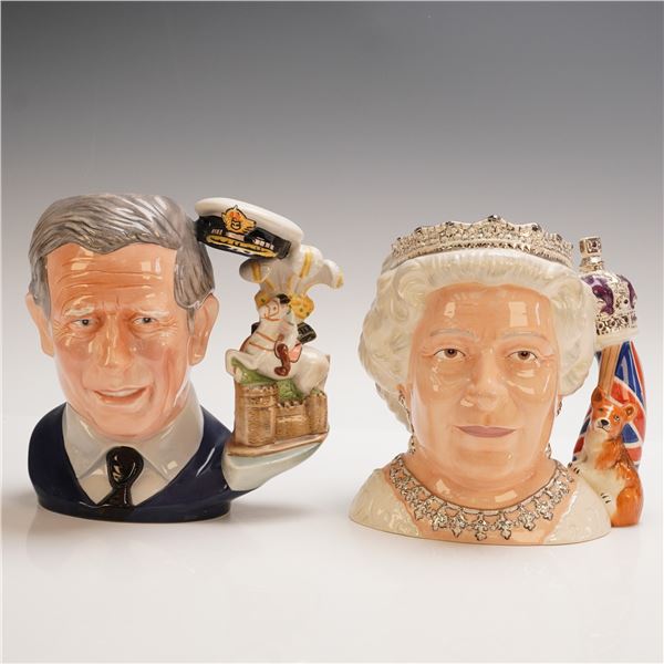 2pc Royal Doulton Character Jugs, Queen Elizabeth II and Prince Charles