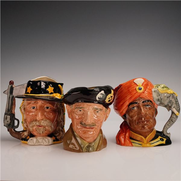 3pc Royal Doulton Character Jugs, Monty, Big Horn Battle & Elephant Trainer