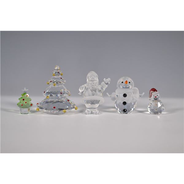 5pc Swarovski Crystal Holiday Figurine Set-Santa, Snowmen, & Trees