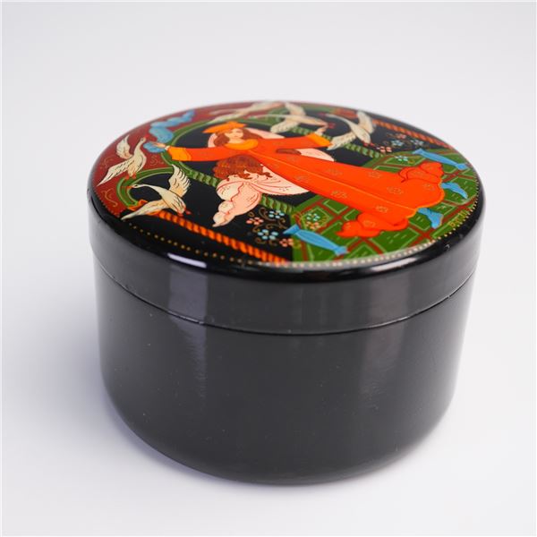 Russian Hand Painted Lacquer Jewelry Box with Dancing Woman Motif