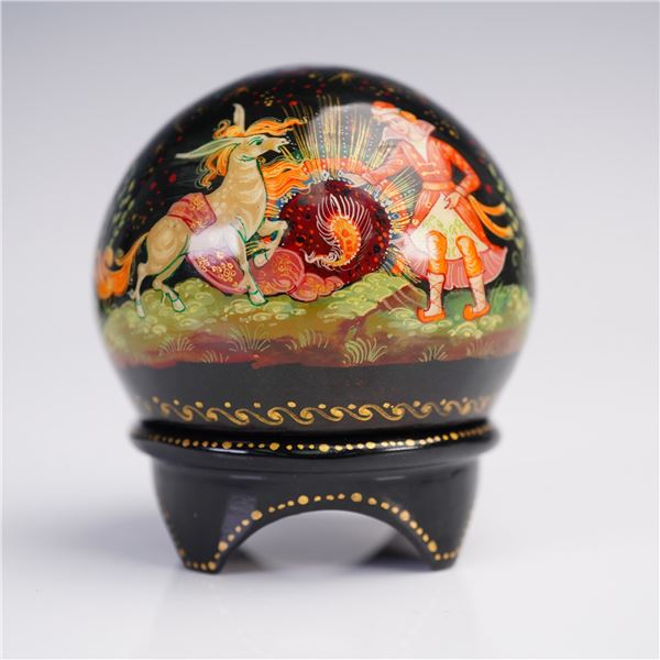 Russian Lacquer Miniature Dome Box - Firebird Theme, Kholuy School
