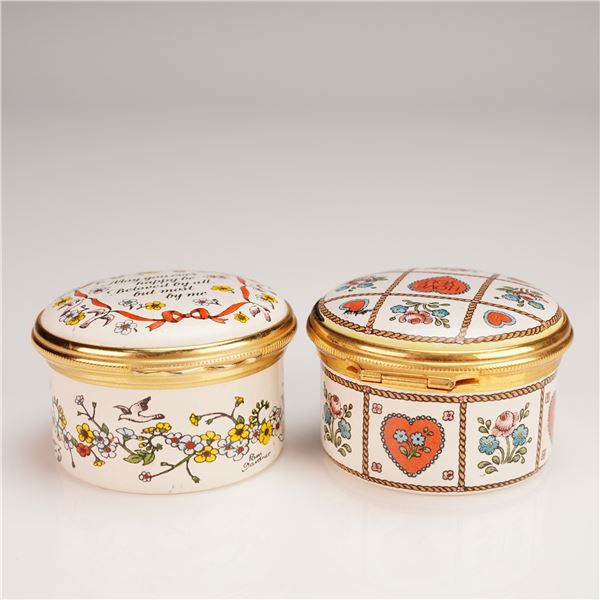 Pair of Halcyon Days Enamel Valentine's Day Boxes, 1983 & 1985