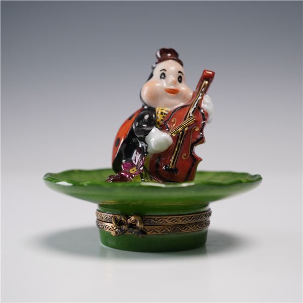 Limoges France Porcelain Figurine, Ladybug Musician on Lily Pad