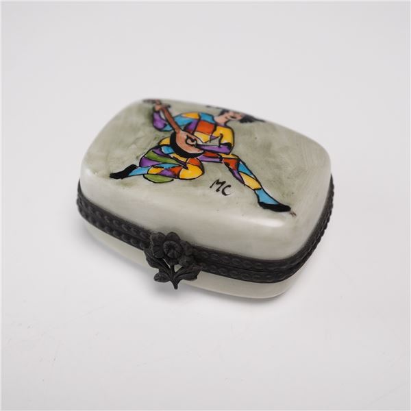 Limoges Porcelain Box, Harlequin Musician with Mandolin