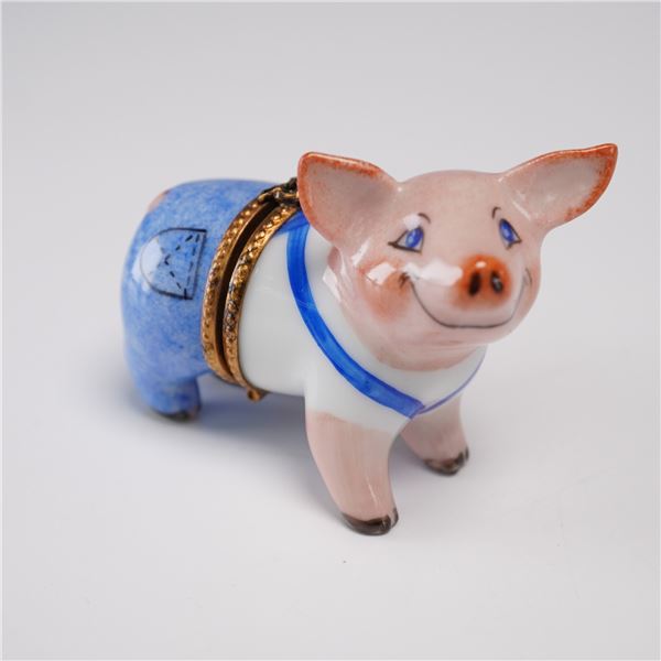 Limoges Porcelain Ring Box, Smiling Pig in Blue Overalls