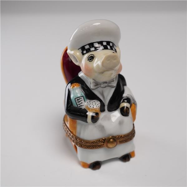 Limoges Porcelain Treasure Box, Le Paris Gourmand Pig Waiter