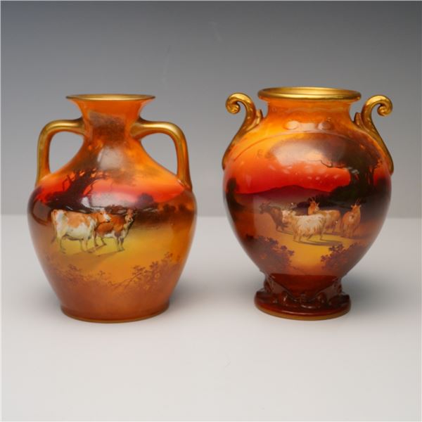2pc Royal Doulton Porcelain Vases, Hand-Painted Farm Scenes