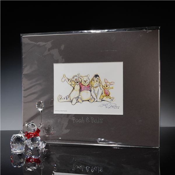 3pc Swarovski Crystal Figurines with Winnie the Pooh, Plaque, + Lithograph