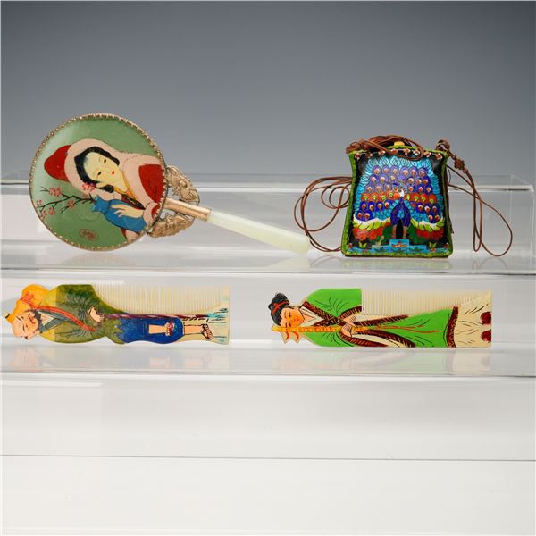 4pc Asian Hand-Painted Vanity Accessories, Mirror, Pouch & Combs