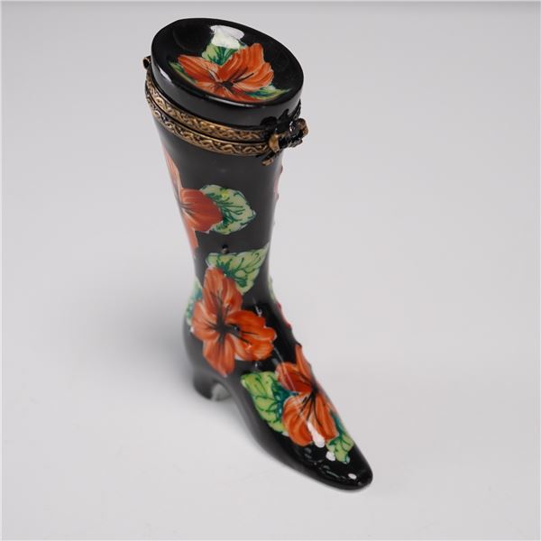 Limoges Porcelain Boot Figurine, Floral Black Glaze