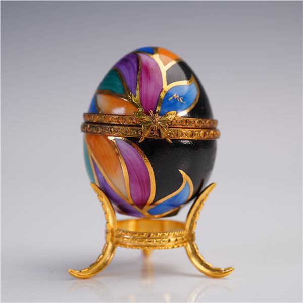 Limoges Porcelain Egg Trinket Box, Multicolor with Butterfly Clasp