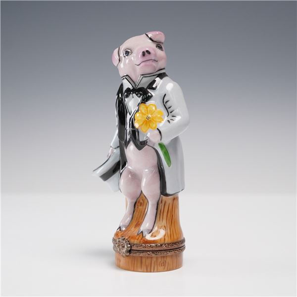 Limoges Porcelain Ring Box, Pig in Tuxedo with Flower