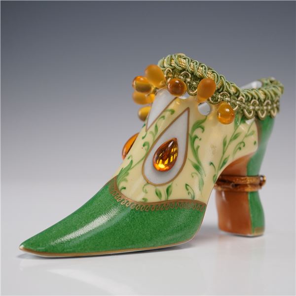 Limoges Porcelain Shoe Box, Green With Amber Drops