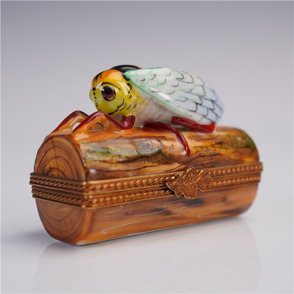 Limoges Porcelain Trinket Box, Cicada on Log