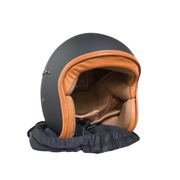 Matte Black Open-Face Motorcycle Helmet with Tan Leather Trim (L)