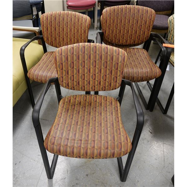 Qty 3 Metal Stacking Armchairs w/ Upholstered Seats & Backs