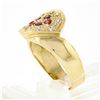 Image 8 : Vintage 18K Gold Round Pave Set Cubic Zirconia & Ruby Grooved Cluster Band Ring
