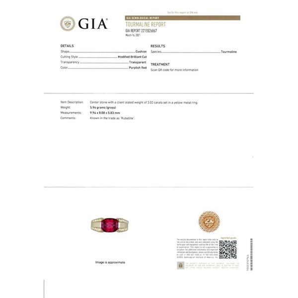 14k Yellow Gold GIA 3 ctw Cushion Rubellite Tourmaline Solitaire Grooved Side Ri