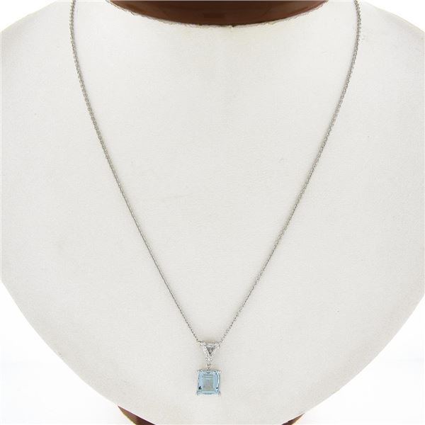 New 14k Gold 1.86 ctw Square Step Aquamarine & Diamonds Pendant & Adjustable Cha