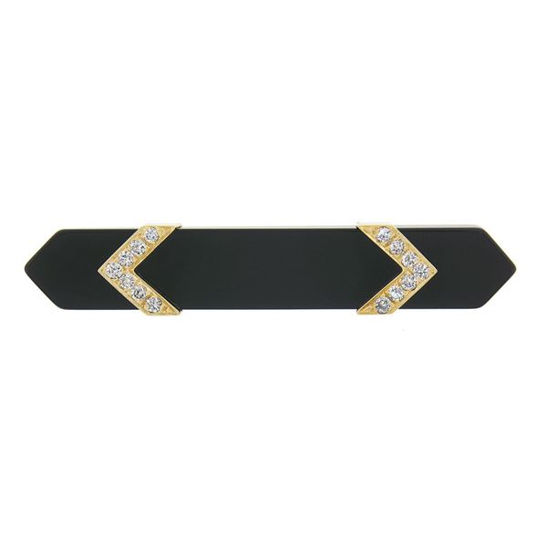 Vintage 14k Gold Black Onyx Bar Pin Brooch Accented w/ 0.42 ctw Diamond 2 Arrows