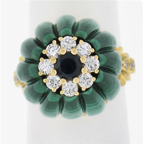 Vintage 18k Yellow Gold Carved Malachite w/ Diamond & Sapphire Statement Ring