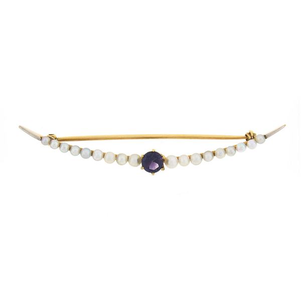 Vintage 14k Gold Plat 0.50 ctw Amethyst & Graduated Seed Pearl Crescent Pin Broo
